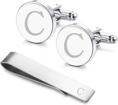Vista 32 de LOYALLOOK - Gemelos de acero inoxidable grabados con inicial y clip de corbata, diseño de letras del alfabeto con caja de regalo, A-Z