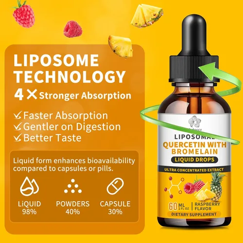 Vista 6 de Quercetina liposomal con gotas líquidas de bromelina para Kis & Aldult- mayor absorción, suplementos de quercetina 700 mg con bromelina saúco zinc