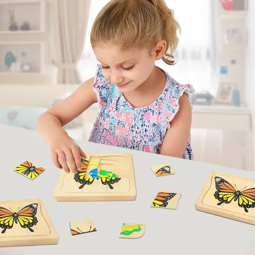 Vista 5 de Montessori - Rompecabezas de madera para niños de 4 a 8 años, rompecabezas de ciclo de vida de mariposa de 4 capas para niños pequeños, rompecabezas