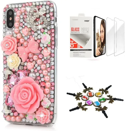 Vista 9 de Sparkle Funda compatible con iPhone 12 – Elegante – 3D hecha a mano con lazo y corona de lazo para llaves, diseño de rosas y diamantes de imitación