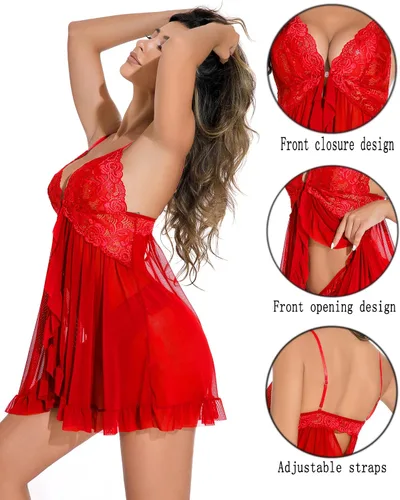 Vista 2 de Lencería para mujer, con cierre frontal, babydoll de encaje, cuello en V, con volantes, ropa de dormir sexy
