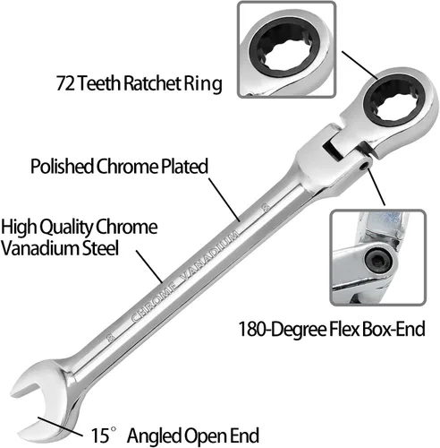 Vista 4 de Llave de trinquete de cabeza flexible de 0.315 in, llave combinada de acero al cromo vanadio de 12 puntos con engranaje de trinquete de 72 dientes