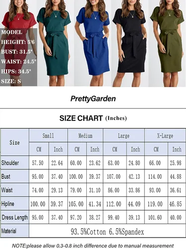 Vista 6 de Prettygarden - Vestido de verano para mujer, manga corta con cuello redondo a rayas, básico de color liso, con lazo en la cintura y con bolsillos