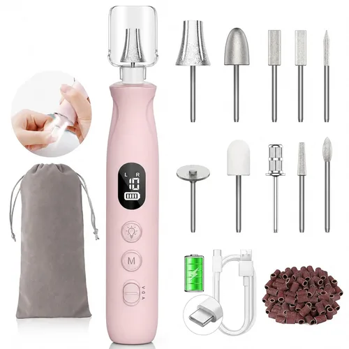Vista 12 de Kit profesional de taladro de uñas: lima de uñas eléctrica con pantalla LCD y lámpara, amoladora de uñas gruesas de larga duración, herramientas
