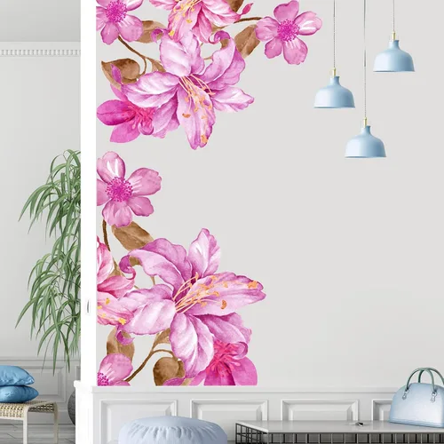 Vista 4 de Calcomanías de pared de flores rosas gigantes, calcomanías de pared florales de lirio, bricolaje, extraíble, flor de durazno, hojas marrones