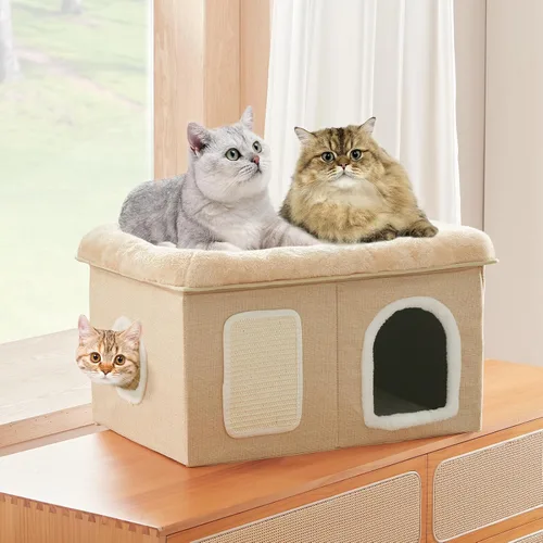 Vista 3 de WINDRACING Camas para gatos de interior - Casa extra amplia para mascotas y cama plegable para gatos con almohadilla para arañar, escondite