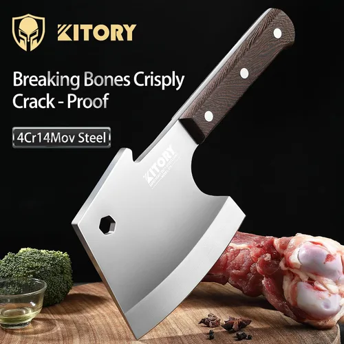 Vista 2 de Kitory Cuchilla de carne, cuchillo de corte de huesos resistente, hoja súper gruesa en forma de hachas de espiga completa, rompe huesos, cuchillo