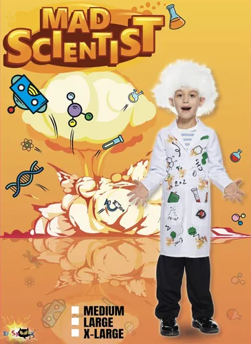 Vista 2 de EraSpooky Disfraz de científico loco para niños, abrigo de laboratorio con peluca