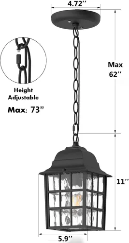 Vista 6 de Lámpara colgante al aire libre, linterna colgante de techo exterior para porche con vidrio de agua, luz de linterna colgante al aire libre, lámpara