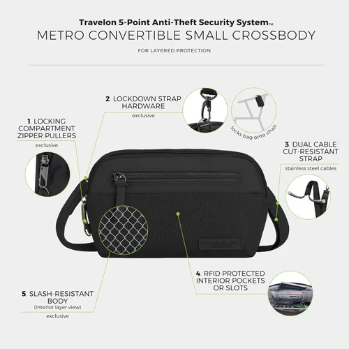 Vista 4 de Travelon Bolso bandolera pequeño convertible Metro antirrobo Negro