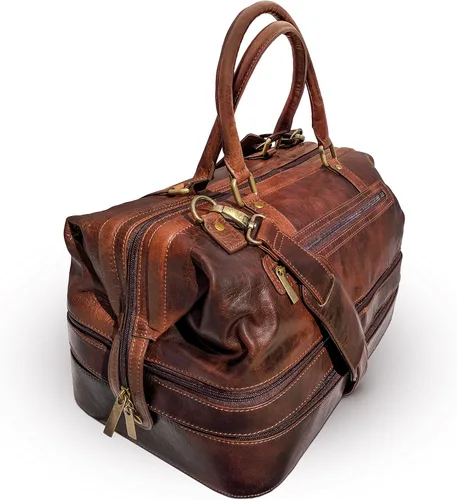 Vista 3 de Bolsa de viaje de cuero con compartimento para zapatos, Marrón
