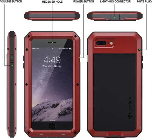 Vista 6 de Lanhiem Funda para iPhone 7 Plus/8 Plus, resistente a los golpes, [Tough Armour], funda de metal con protector de pantalla integrado, funda Rojo