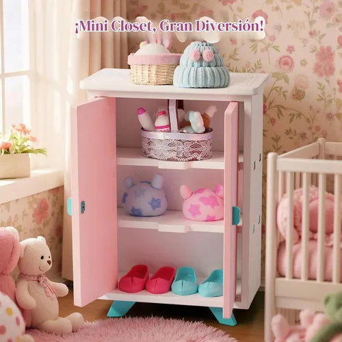 Vista 5 de BABESIDE Juego de muebles de dormitorio de casa de muñecas, 7 piezas de accesorios de casa de muñecas de madera rosa para muñecas de 3 pulgadas