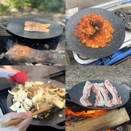 Vista 5 de Saltlas Sartén de barbacoa de estilo coreano para estufa, camping e IH, parrilla redonda de 13 pulgadas con doble fondo, sartén con revestimiento