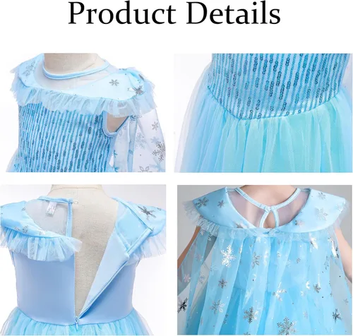 Vista 4 de Vestido de princesa para niñas, disfraz de princesa para Halloween, cosplay, fiesta de cumpleaños, vestido con capa azul