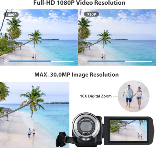 Vista 4 de Videocámara de video, Full HD 1080P 30FPS IR visión nocturna Vlogging cámara para YouTube Kids, pantalla LCD de 3.0 pulgadas, cámara digital