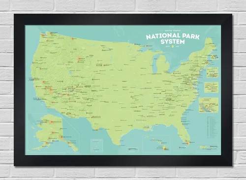 Vista 17 de Póster de unidades del sistema de parques nacionales de EE. UU., mapa de 24 x 36 pulgadas (beige y azul claro)
