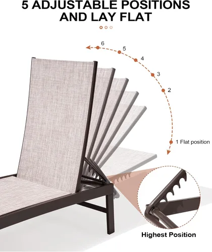 Vista 5 de Crestlive Products Sillas de salón exteriores, Sillas de aluminio para piscina, Tumbona reclinable ajustable de cinco posiciones para bronceado Beige