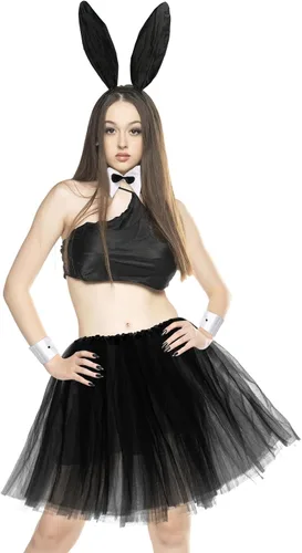 Vista 6 de LUTER 5 accesorios de disfraz de conejo, juego de disfraz de conejo, diadema de orejas de conejo, cuello de corbata tutú con 2 puños de conejo