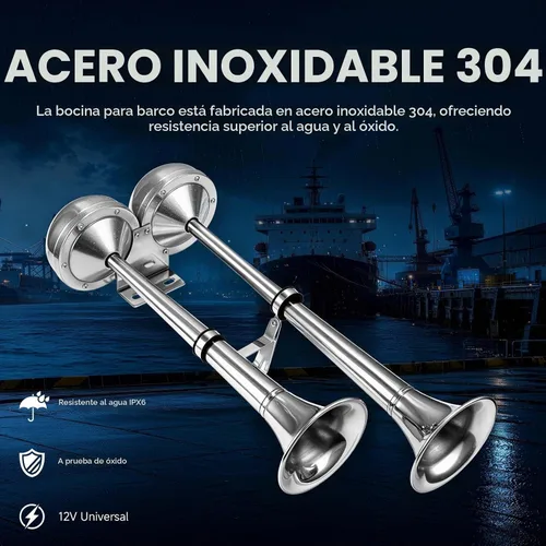 Vista 7 de FARBIN Bocina de barco impermeable de acero inoxidable doble trompeta Tubo doble de acero inoxidable