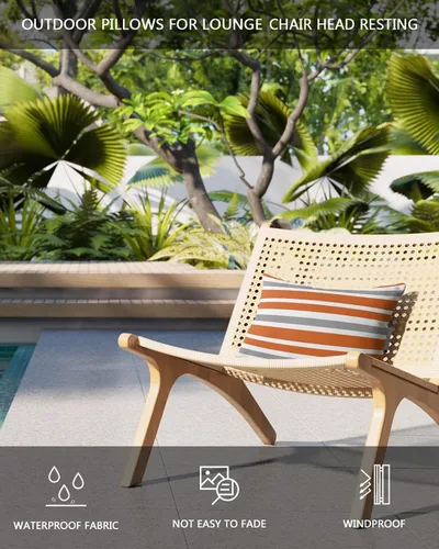 Vista 4 de T&H XHome Almohada de exterior para tumbona, diseño geométrico simple de rayas, impermeable, almohada lumbar con correa elástica ajustable