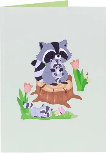 Vista 3 de WOWPAPERART Raccoon Family - Tarjeta de felicitación 3D desplegable para todas las ocasiones, amor, cumpleaños, Navidad, buena suerte, día