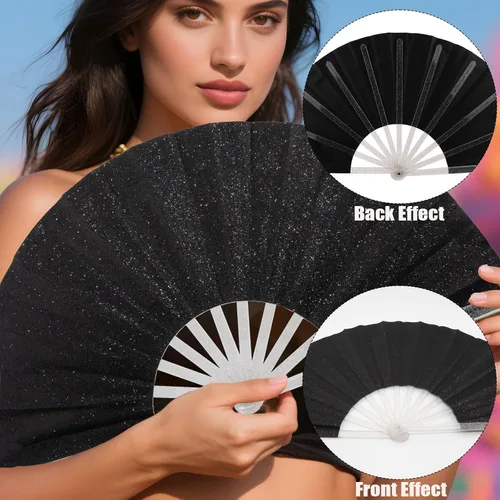 Vista 4 de 10 ventiladores plegables grandes de mano para hombres y mujeres, abanicos decorativos plegables, accesorios rave, utilizado para bailes, fiestas