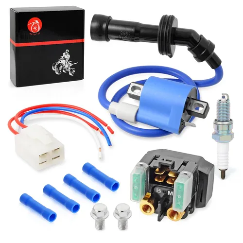 Vista 2 de Paquete de bobinas de encendido y bujías de solenoide de relé de arranque compatibles con Yamaha Raptor 660R YFM660R Grizzly 660 YFM660F 2001-2008