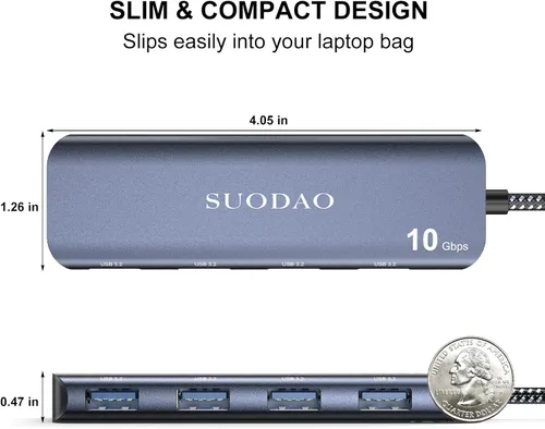 Vista 7 de Hub USB 3.1, SUODAO 10Gbps USB C a USB Hub, 4 puertos USB 3.1/3.2 Gen 2 Hub, aluminio SuperSpeed Tipo C a 4 puertos USB 3.2 de 10 Gbps para laptop