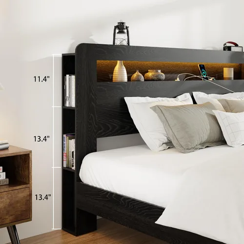 Vista 4 de Marco de cama matrimonial con almacenamiento de cabecero, marco de cama de plataforma de madera con estantería y estantes, estación de carga y luces
