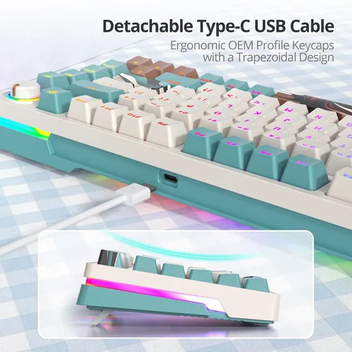 Vista 4 de Teclado mecánico para juegos 75% marrón, compacto de 82 teclas intercambiable en caliente con perilla, perfil OEM retroiluminado RGB, teclado USB-C