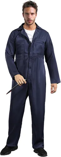 Vista 4 de Mono azul con máscara cuchillo llavero collar, mono disfraz de Halloween