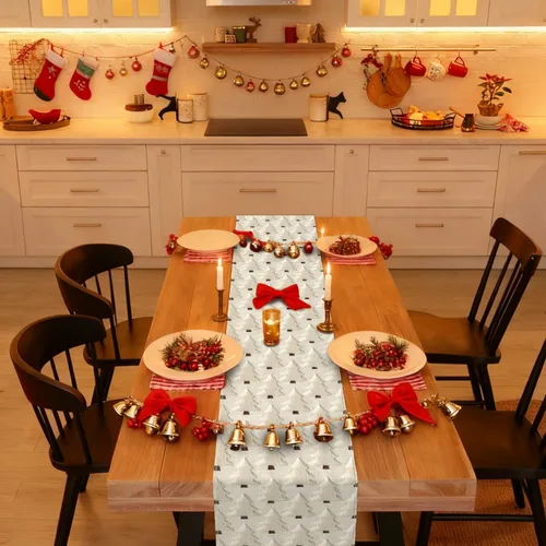 Vista 7 de Nialnant Caminos de mesa de Navidad, decoraciones de mesa de invierno de Navidad con bolas de Navidad, flores de nochebuena, camino de mesa