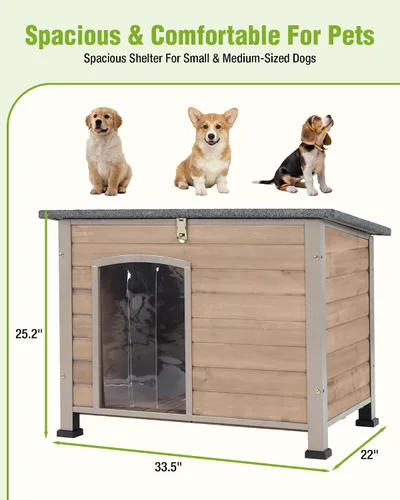 Vista 5 de Casa para perros de tamaño pequeño a grande, para interiores y exteriores, refugio para cachorros con piso elevado, perrera duradera e impermeable
