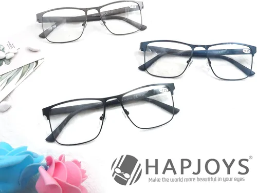 Vista 6 de Gafas de lectura para hombre, bloqueo de luz azul, lentes cuadrados de metal con bisagra de resorte, paquete de 3 unidades, anti rayos azules