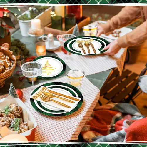 Vista 6 de Layhit Juego de 175 piezas de platos de plástico de Navidad desechables, vajilla de plástico de Navidad desechable para 25 invitados, platos