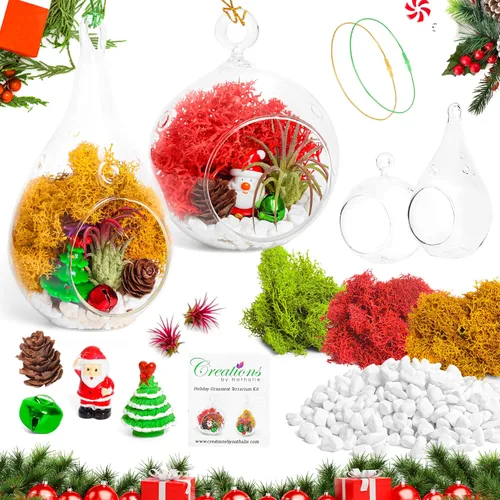 Vista 8 de Creations by Nathalie - Kit de terrario de adorno de Navidad, globo de vidrio de 4 pulgadas, musgo de reno, figura de Navidad- (planta incluida)
