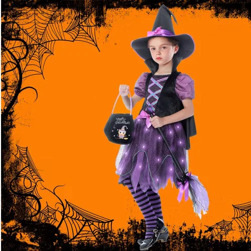 Vista 6 de Sincere Party Disfraz de bruja de Halloween para niñas, adorable disfraz de bruja colorido neón de lujo.
