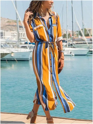Vista 3 de Vestido de camisa de mujer Maxi vestido largo negro naranja manga corta rayas primavera verano