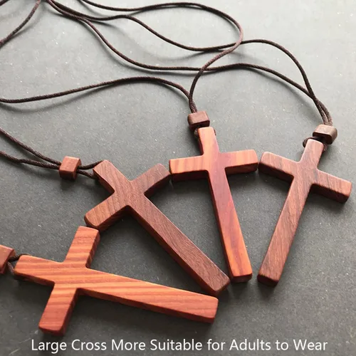 Vista 3 de Collares con colgante de cruz de madera natural para niños, niñas, mujeres, hombres, sándalo, hecho a mano, madera, colgante del espejo retrovisor