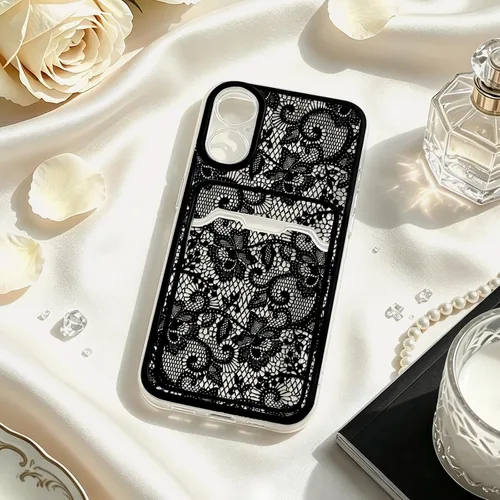 Vista 2 de NITITOP Para iPhone 16 Funda Transparente Linda Flor De Encaje - Flor Negra negro (Black Bloom)