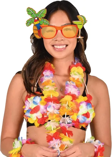 Vista 3 de Beistle 2 lentes de ojo de palmera y loro para regalos de fiesta de Luau en la playa hawaiana tropical, celebrando contigo desde 1900