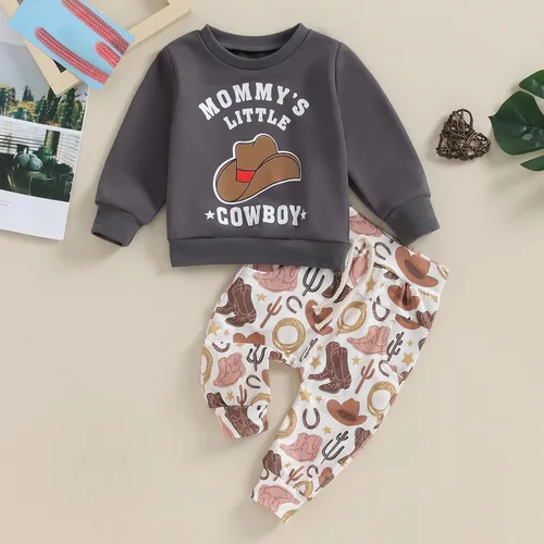 Vista 2 de Conjunto de ropa de otoño e invierno para bebé, niño, niña, sudadera vaquera, sudadera sin botones, sombrero, botas, pantalones de cactus, traje