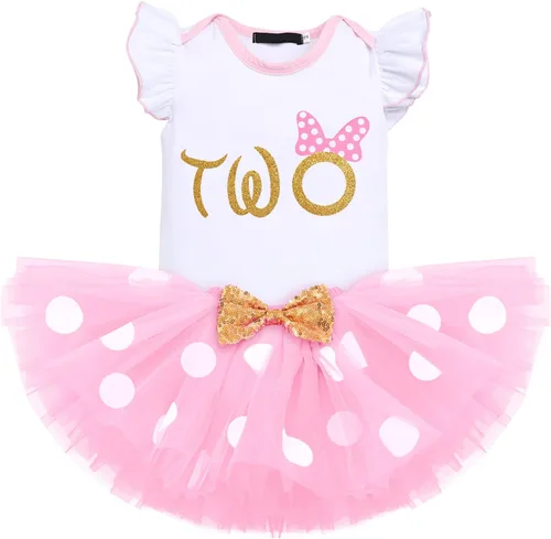 Vista 15 de IMEKIS Conjunto de mameluco para bebé niña de primer y tercer cumpleaños + falda tutú de lunares + diadema para niños pequeños sesión de fotos