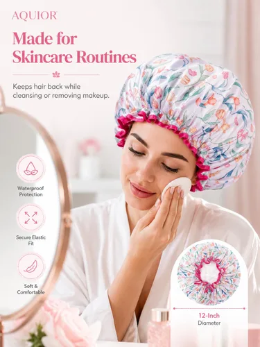 Vista 5 de Aquior Gorro de ducha para mujer, impermeable, reutilizable, con elástico suave, tamaño grande para cabello largo, bonito gorro de baño para ducha