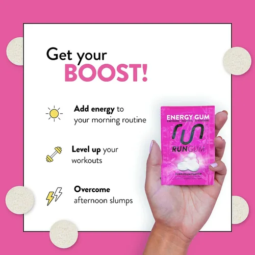 Vista 3 de RUN GUM Bubblegum Energy - Goma de mascar de 50 mg de cafeína, taurina y vitaminas B por pieza, 24 unidades (paquete de 12) sin azúcar, cero