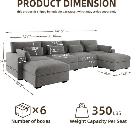 Vista 2 de Sofá modular de 146.5 pulgadas, sofás extra profundos en forma de U para sala de estar, sofá de felpilla de 4 asientos con patas de madera, otomana