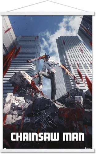 Vista 7 de Trends International Chainsaw Man - Póster de pared de arte clave, 22.37 x 34.00 pulgadas, paquete de impresión premium y colgador de madera de haya