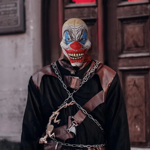Vista 6 de Ferytyj Máscara de payaso colorida de Halloween aterradora y espeluznante accesorios de cosplay máscara de payaso de látex para adultos disfraz