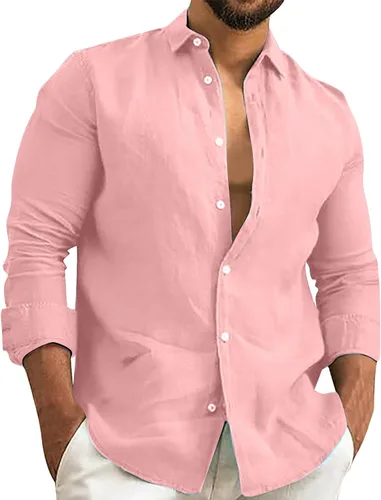 Vista 5 de Camisa de algodón y lino para hombre, manga larga, cuello liso, con botones, camiseta casual para playa y verano AG